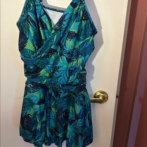 Penningtons Tropical Leaf Print One Piece Swimsuit - Green and Blue